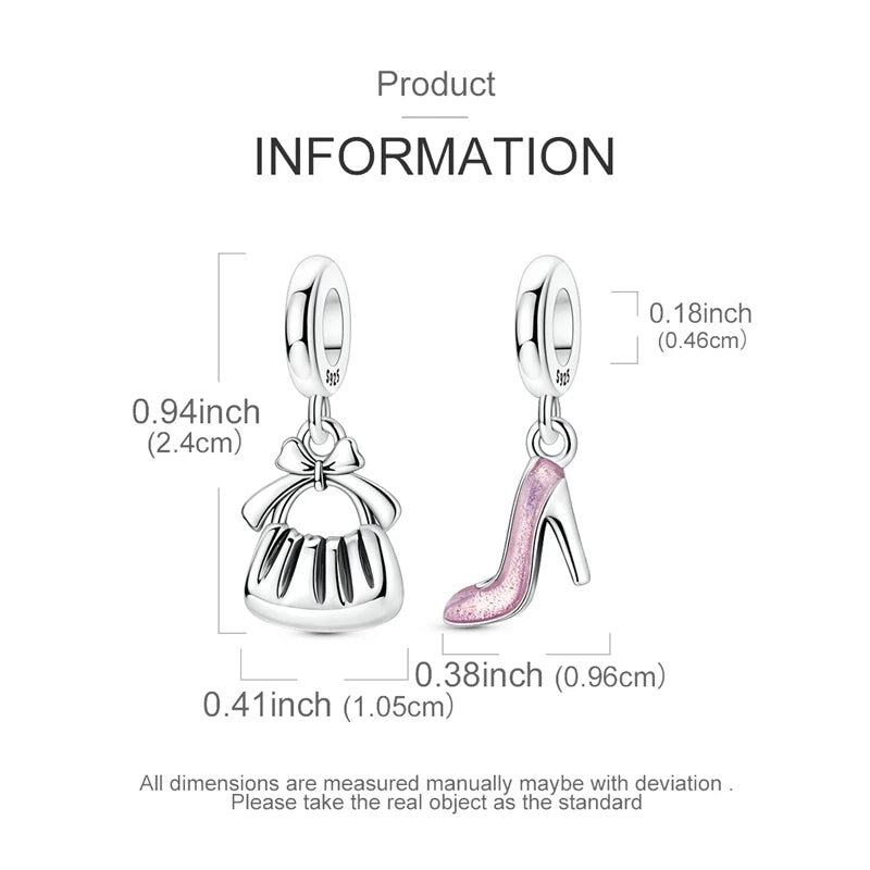 925 Sterling Silver Handbag & High‑Heel Dangle Charms