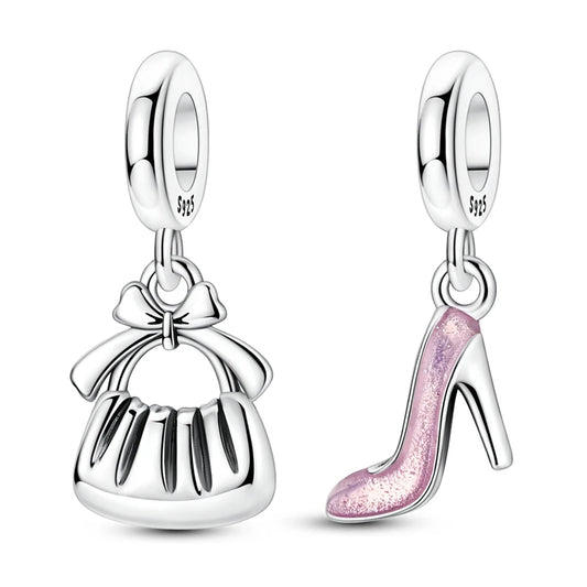 925 Sterling Silver Handbag & High‑Heel Dangle Charms