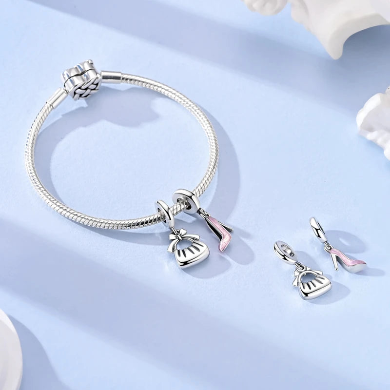 925 Sterling Silver Handbag & High‑Heel Dangle Charms
