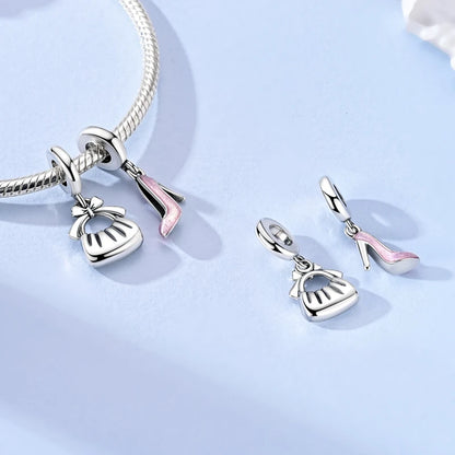 925 Sterling Silver Handbag & High‑Heel Dangle Charms